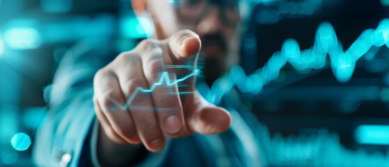 Businessman analyzing data on a virtual screen with rising graph indicating growth and financial success in a futuristic environment.