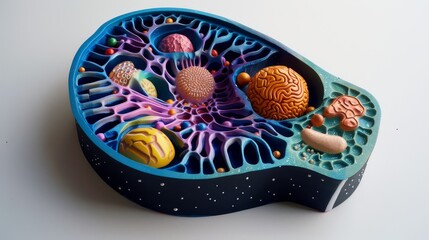 3D model of a cell with its organelles labeled and depicted in vibrant colors. (Educate on the building blocks of life)