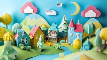 paper art, cute views typical of small children in bright colors, suitable for small children in elementary school, kindergarten, 16:9
