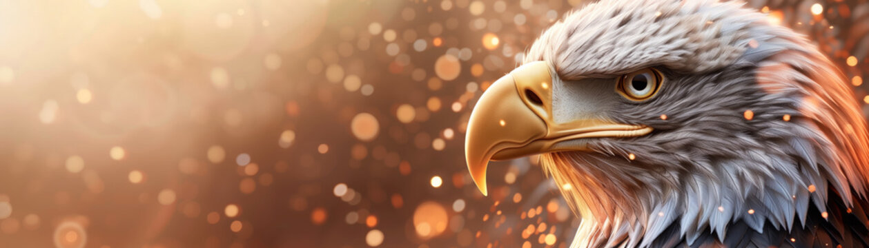 Close-up of a majestic bald eagle with detailed feathers, set against a blurred golden background with sparkling bokeh effects.