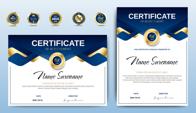 Certificate of appreciation template, gold and blue color. Clean modern certificate with gold badge. Certificate border template with luxury and modern line pattern. Diploma vector template