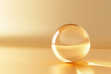 Transparent glass sphere casting refracted light on golden background