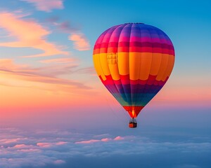 Fototapeta premium Colorful Hot Air Balloon Soaring Through Vibrant Sunrise Sky Symbolizing Thrill of New Experiences and Perspectives