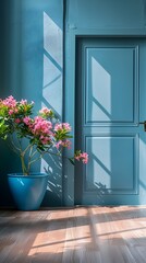 Fototapeta premium Freshly Painted Bright Blue Room Accented by Floral Decor Symbolizing the Rejuvenation and Excitement of New Beginnings at Home