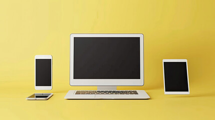 A white laptop sits on a yellow surface with three cell phones and two tablets