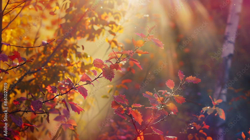 Poster autumn forest nature vivid morning in colorful forest with sun rays through branches of trees scener