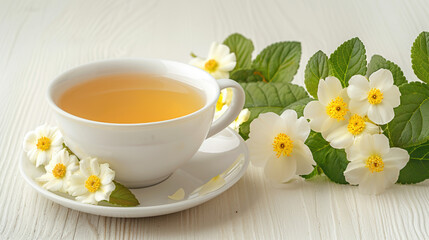 Cup of tea with white flowers