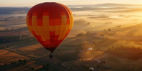 Obraz premium Hot air balloon floating over the countryside at sunrise.