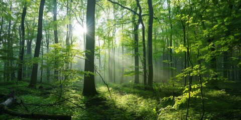 Obraz premium The photo shows a green deciduous forest with the sun shining through the trees.