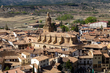 View of the ex collegiate church of Santa Maria la Mayor from the 17th century in Rubielos de Mora. Teruel, Aragon, Spain.