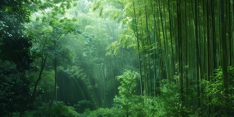 Obraz premium The lush green bamboo forest creates a natural tunnel with a path leading into the distance.