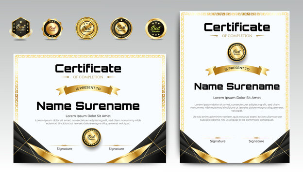 Black and gold certificate of appreciation border template with luxury badge and modern line and shapes. For award, business, and education needs. Diploma vector template