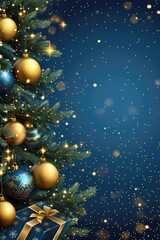 A Christmas tree with gold and blue ornaments and a blue background