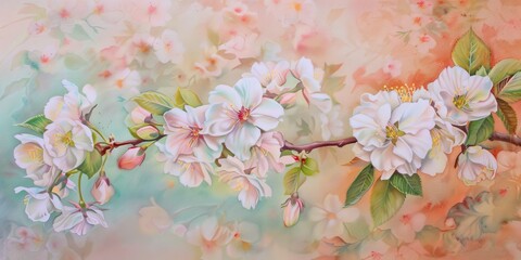 Delicate watercolor painting of a cherry blossom branch with white and pink flowers.