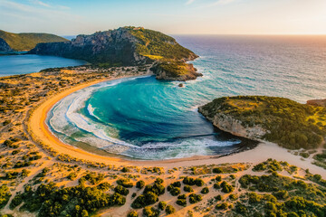 Aerial view of voidokilia beach, lagoon with beaches in mediterranean, Ionian Sea, Pylos town ,...