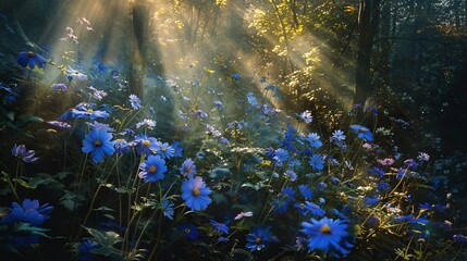 Sunlight filtering through dense woodland, illuminating clusters of cerulean wildflowers in a harmonious symphony of color and light.
