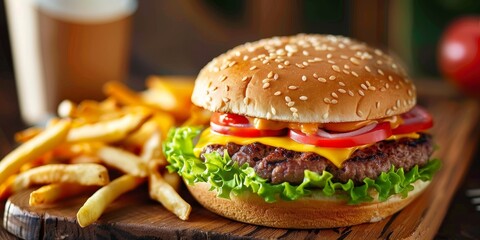 A delicious cheeseburger with a side of crispy french fries.