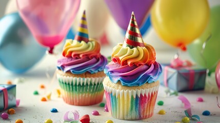 Cheerful scene capturing two rainbow-themed birthday cupcakes adorned with festive hats, surrounded by colorful balloons and gift-wrapped presents on a soft, light grey background, evoking joy and