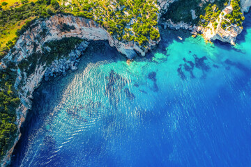 Blue caves on Zakynthos island or Zante Island, Greece. Beautiful views of azure sea water and nature with cliffs cave