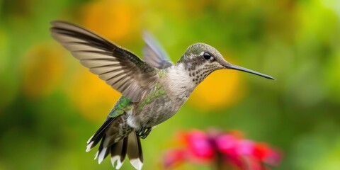 Fototapeta premium A hummingbird hovers in mid-air with its long, thin beak outstretched towards a nearby flower
