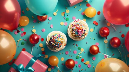 Overhead view of a delightful birthday party setup featuring two cupcakes decorated with bright, sugary sprinkles and surrounded by festive balloons and wrapped gifts, creating a playful and