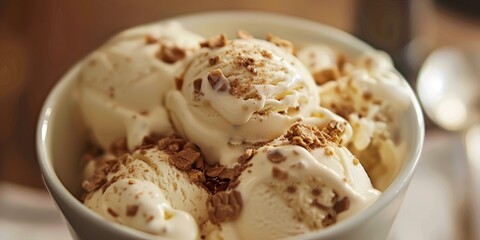 Vanilla ice cream with nuts in white bowl on brown background.