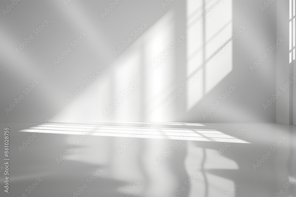 Wall mural Empty white room with sunlight casting shadows from the window