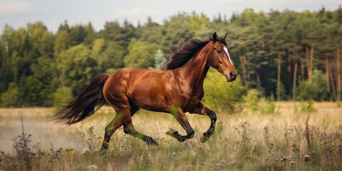 Fototapeta premium A beautiful brown horse runs through a grassy field with trees in the background.
