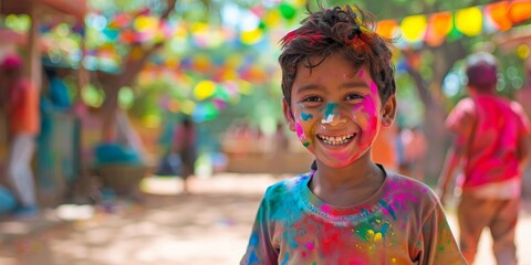 Indian boy covered in colorful powder celebrating the Hindu holiday Holi