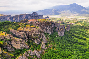 The monastery Meteora, aerila rocky monasteries complex in Greece near Kalabaka city. Holy Monastery of the Great Meteoron and Varlaam