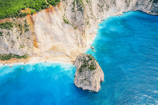 Myzithres beach near Keri Lighthouse on Zakynthos island or Zante Island, Greece. Beautiful views of azure sea water and nature with cliffs