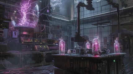 Frankensteins lab with body parts in jars, crackling Tesla coils, ominous machinery