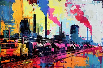 Pop Art Industrial Boom A vibrant pop art scene depicting the explosion of factories and railways