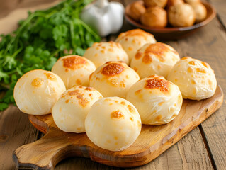 Pao de queijo PSD on a white background,
Homemade Pao de Queijo or Brazilian Cheese Breads on Wooden Breadboard

