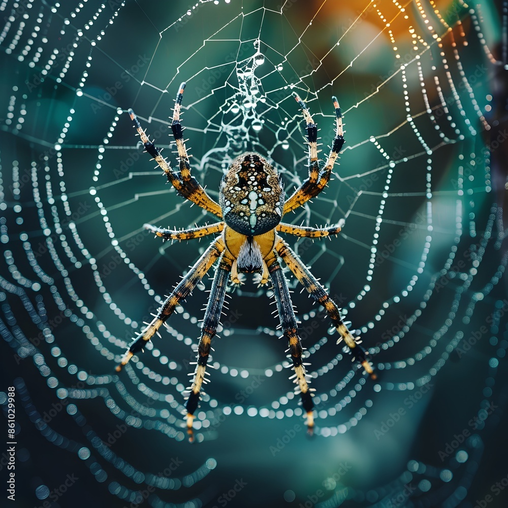 Wall mural Intricate Spider Web with Dew Droplets in the Center Close Up Insect Concept