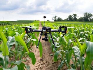 Drone guided planting seeds across the field,
protective suit in blurry site with space for text or product