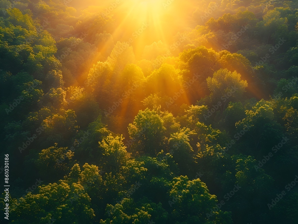 Wall mural Vibrant Sunrise Illuminating a Serene Forest Symbolizing the Energy and Promise of a New Day