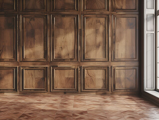 Room with Walnut Boiserie and Premium Cabinet Style,
close up of a wooden floor with a wall and a chair