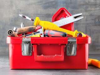 Open Tool Box,
Toolbox with various work tools on the desk
