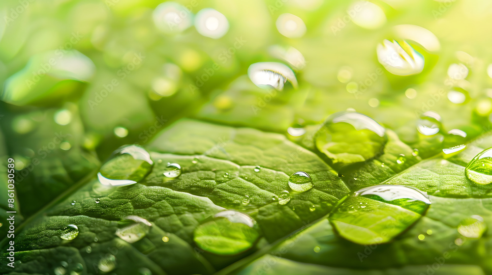 Aufkleber large beautiful drops of transparent rain water on a green leaf macro drops of dew in the morning gl