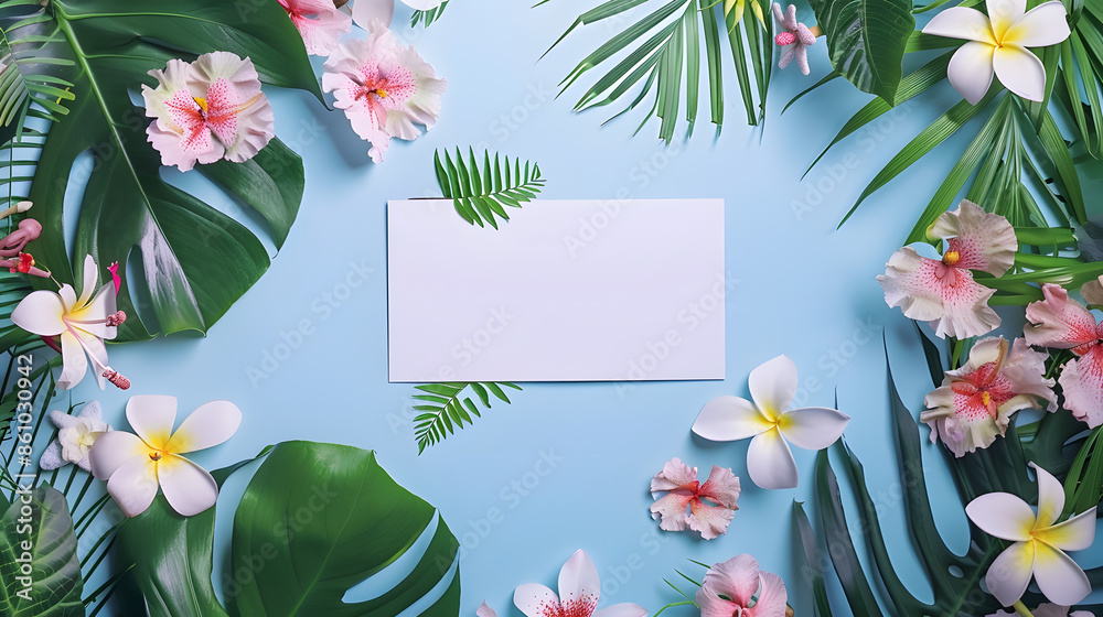 Poster creative layout made of flowers and leaves with paper card note flat lay nature concept : generative