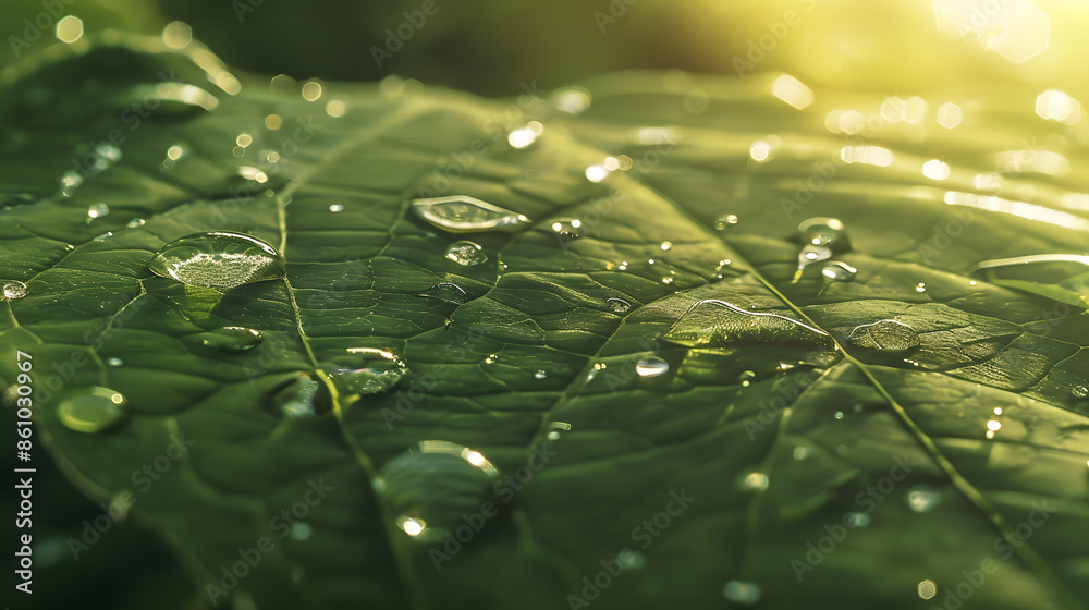 Poster large beautiful drops of transparent rain water on a green leaf macro drops of dew in the morning gl