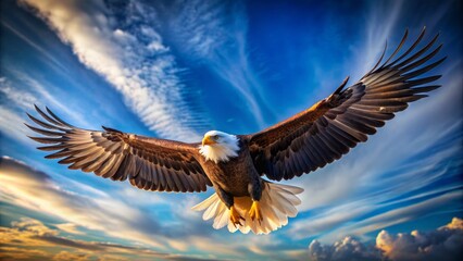 Naklejka premium Majestic eagle soars solo in a clear blue sky, wings outstretched, symbolizing freedom and power with intense piercing gaze.