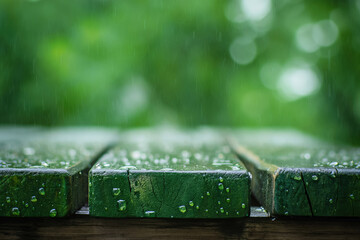 Rain falling on green painted wooden picnic table in the park