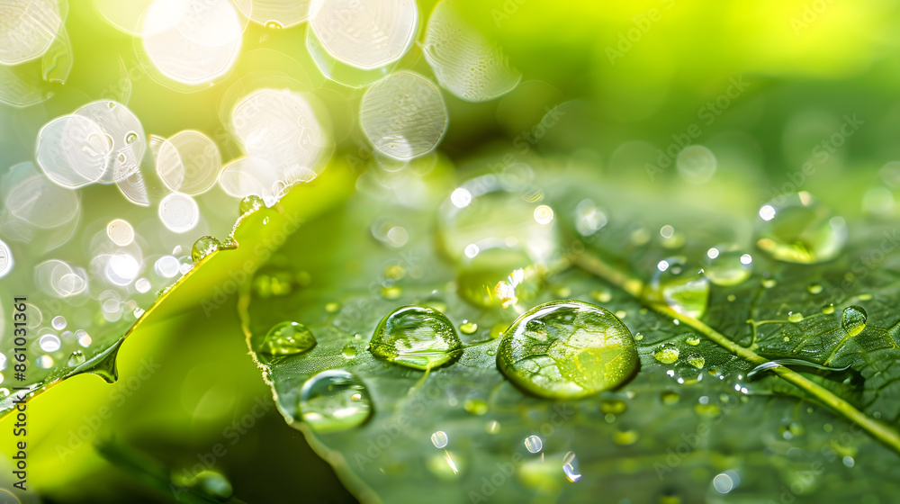 Poster large beautiful drops of transparent rain water on a green leaf macro drops of dew in the morning gl