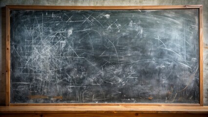 Faded white chalk markings partially erased on a dark blackboard surface with remnants of calculations and scribbles remaining.