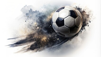 Dark abstract brushstroke illustration of a soccer ball mid-air, set against a stark white background, ready for action.