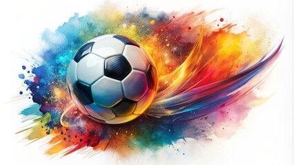 Fototapeta premium Dynamic abstract illustration of a soccer ball in mid-air, crafted with expressive, textured brush strokes and vibrant color palette.