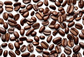 Obraz premium Top view of coffee beans isolated on white background. Perfect for coffee shop displays, food photography, or illustrating coffee-related articles. Rich aroma and texture for enticing visuals.