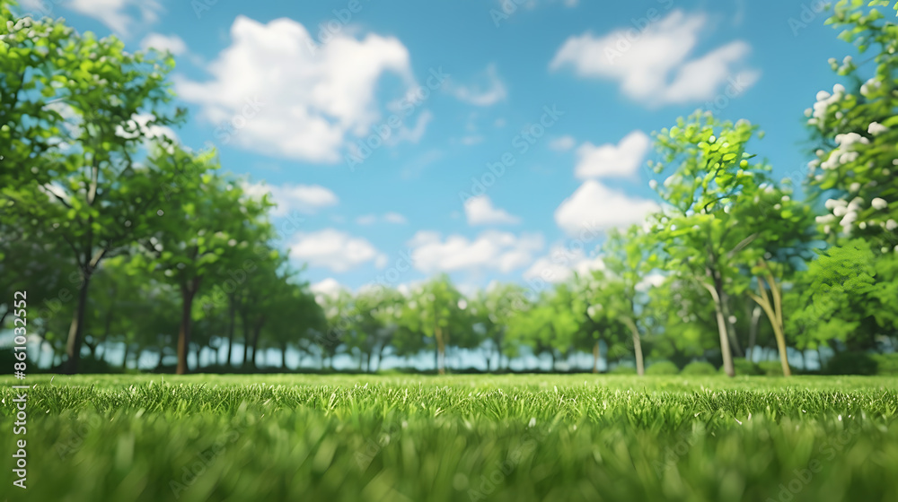 Poster Beautiful blurred background image of spring nature with a neatly trimmed lawn surrounded by trees against a blue sky with clouds on a bright sunny day : Generative AI